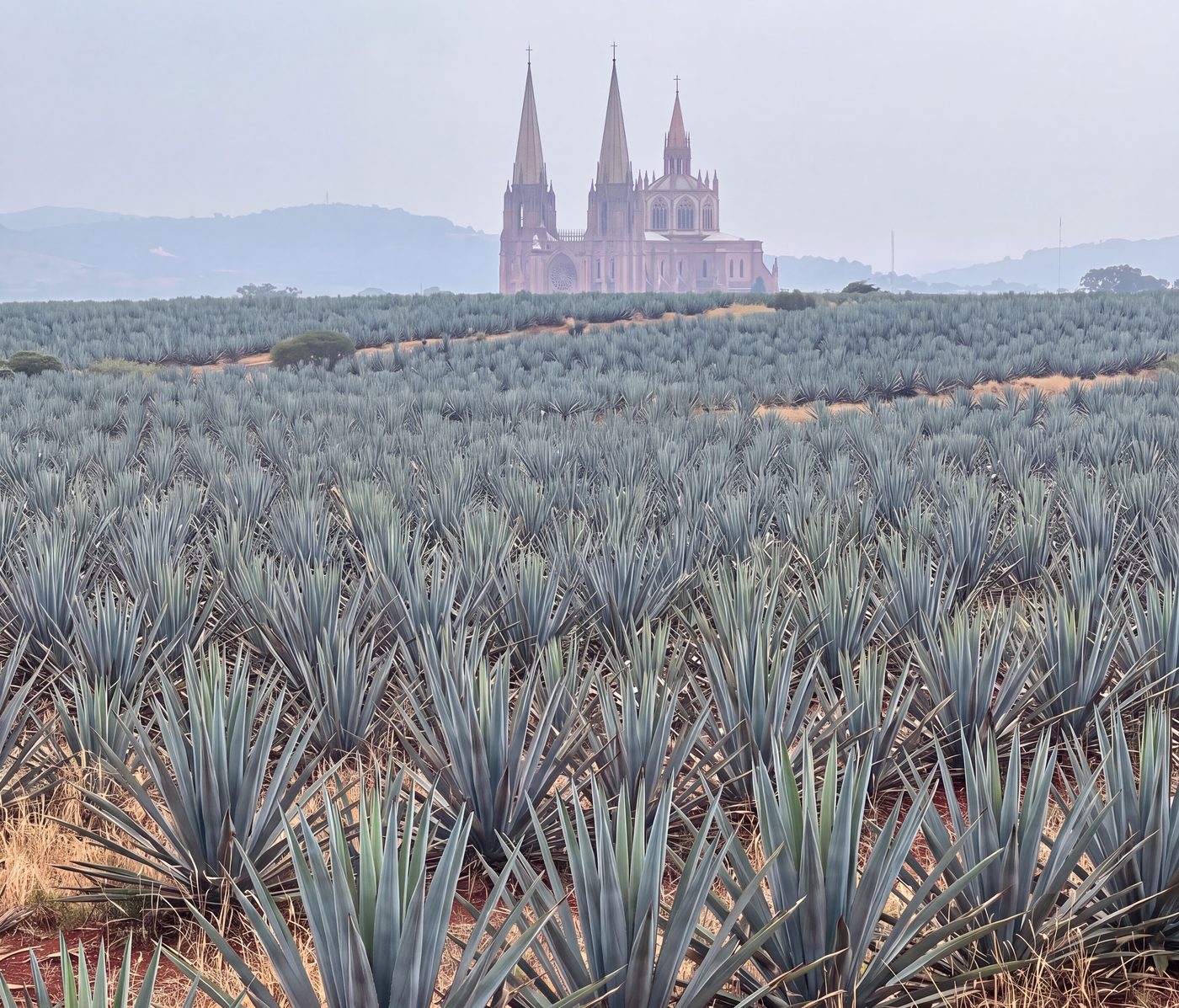 Blue agave fields in the highlands of Arandas with the city's Gothic church rising in the distance