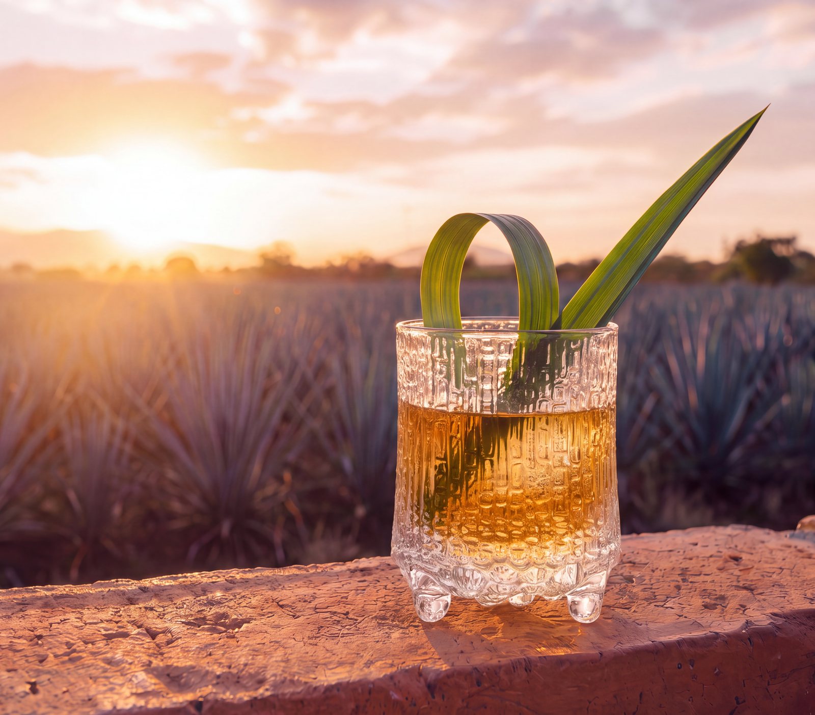 Pandan Suntan cocktail with a pandan leaf, set on an adobe wall above the agave fields at sunset
